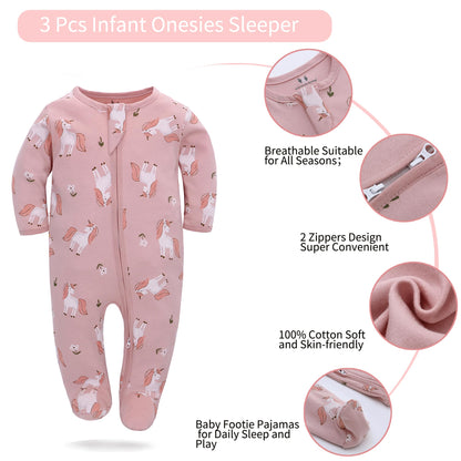 Neugeborenes Baby Jungen Mädchen Strampler mit Fuß Baby Schlafanzug Einteilige Lange Ärmel Overall Säuglings Frühling Herbst Body, 3er-Pack