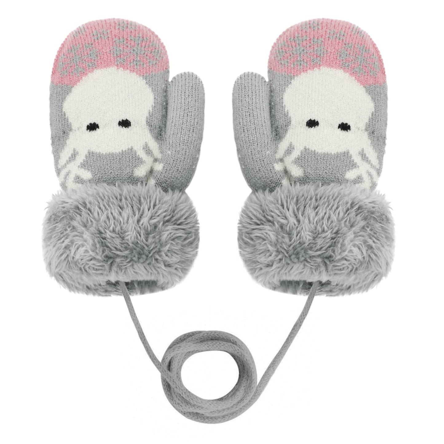 Kids Winter Gloves Mittens Baby Cartoon Mitten Neck Gloves Thick Double Knitted Glove with Plush,0 - 3 years old, Playing, Running, Skiing