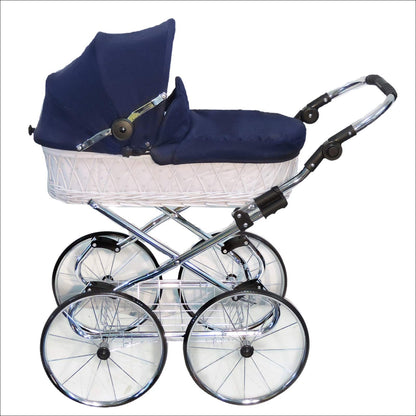 EICHHORN Kinderwagen Wicker Basket Doll's Pram Retro Toy Classic (Basket Natural, Fabric Navy Blue)