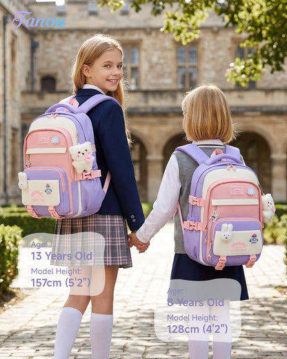 Tanou Schultasche Mädchen, Wasserabweisender Nylon Kinder Schulranzen, 20L | Leichter Schulrucksack für Mädchen der 2. bis 5. Klasse, Rucksack Schule mit Anhänger, Blau