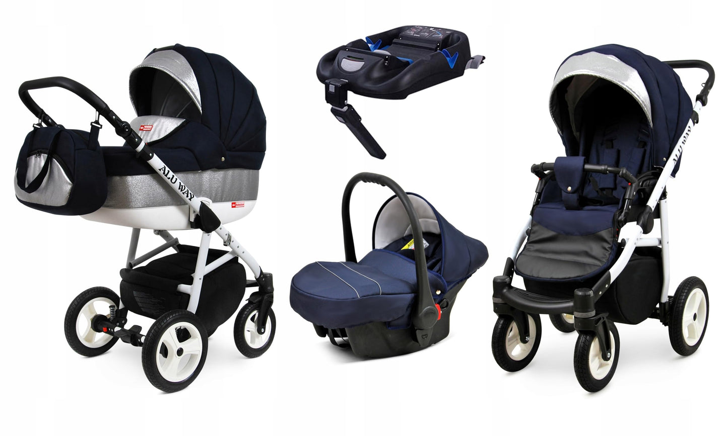 BabyLux® Kinderwagen Set 4 in 1 - Alu Way - incl. Babywanne, Buggy Sportsitz, Auto-Babyschale, ISOFIX-Basisstation - Autositz - Kinderwagenset - Kombikinderwagen mit Wickeltasche usw.