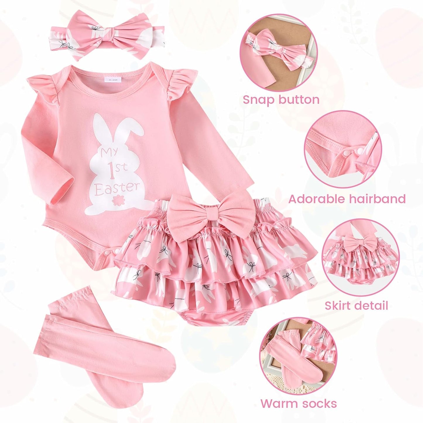 Baby Mädchen Outfit Rüschen Langarm My 1. Valentinstag Osterhase Strampler + Tutu Rock + Strümpfe mit Stirnband Babykleidung Set Neugeborene Fotoshooting Kleid für 0-18 Monate