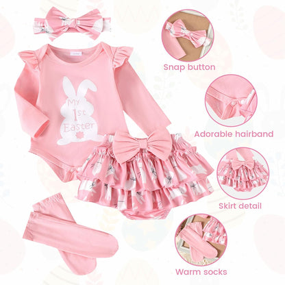 Baby Mädchen Outfit Rüschen Langarm My 1. Valentinstag Osterhase Strampler + Tutu Rock + Strümpfe mit Stirnband Babykleidung Set Neugeborene Fotoshooting Kleid für 0-18 Monate