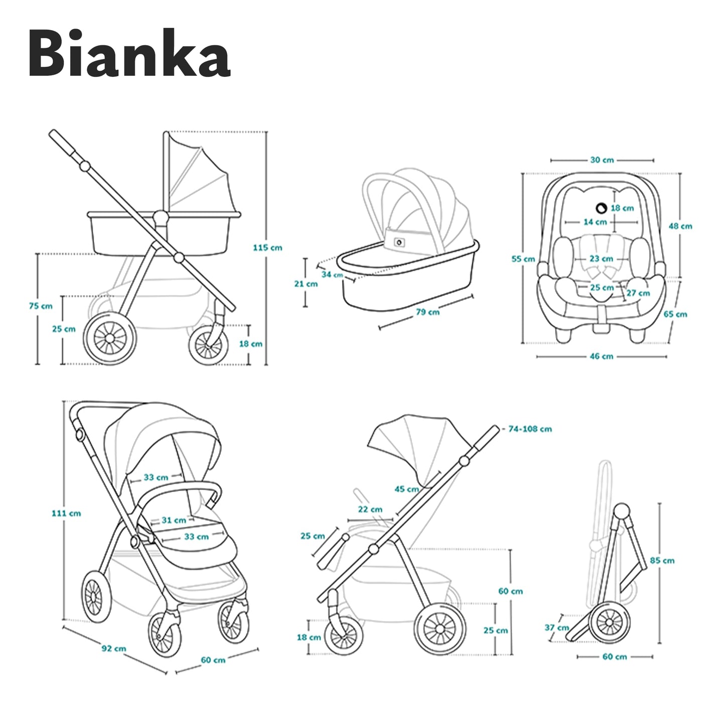 LIONELO BIANKA Children's Pushchair 3-in-1 (22 kg) Baby Carrycot (9 kg) Baby Seat (13 kg), Foldable, Travel System, Backrest Adjustment, Wheels 360o Shock Absorber, Hood XXL