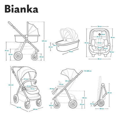 LIONELO BIANKA Children's Pushchair 3-in-1 (22 kg) Baby Carrycot (9 kg) Baby Seat (13 kg), Foldable, Travel System, Backrest Adjustment, Wheels 360o Shock Absorber, Hood XXL