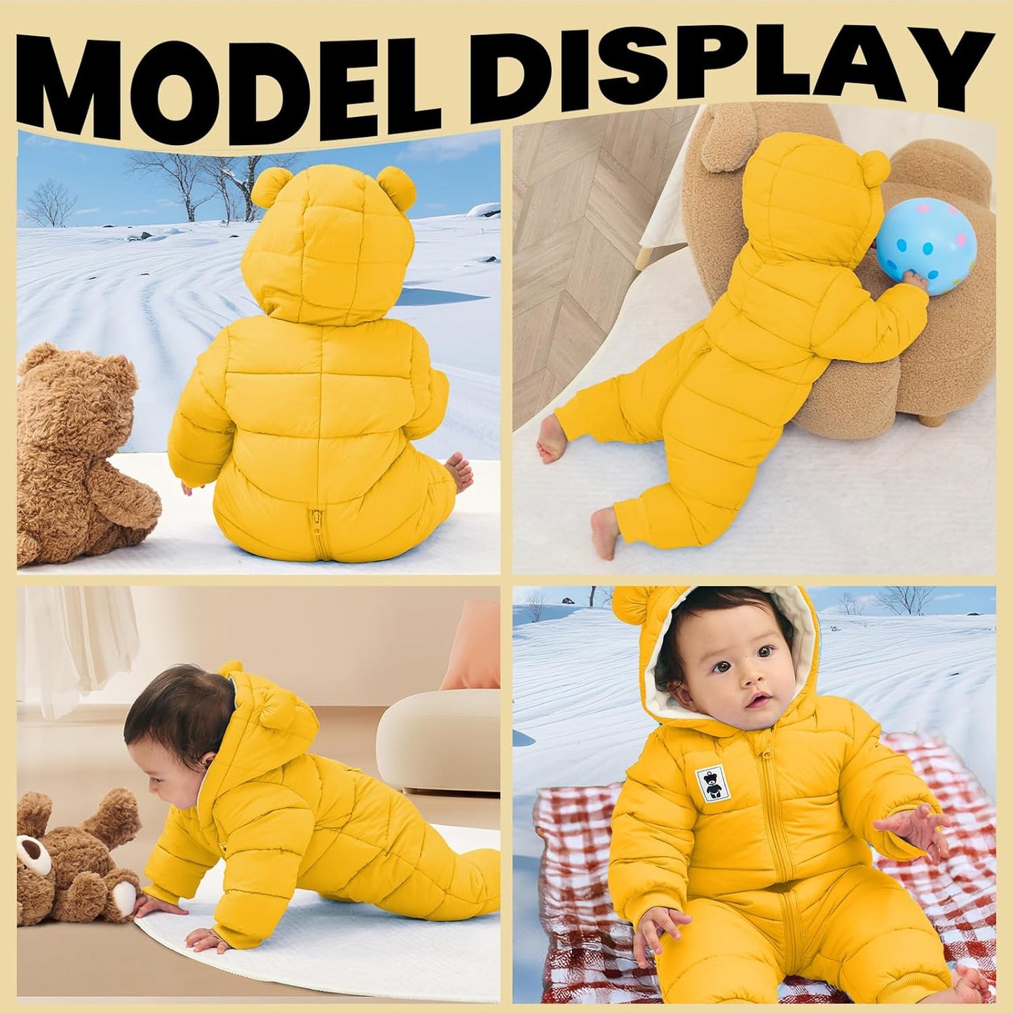 Minizone Baby Winter Jumpsuit with Hood, Romper Snowsuit Boys and Girls, Long-Sleeve Jumpsuit, Warm Outfits, Gift, 6-9 Months, 80 cm, Black