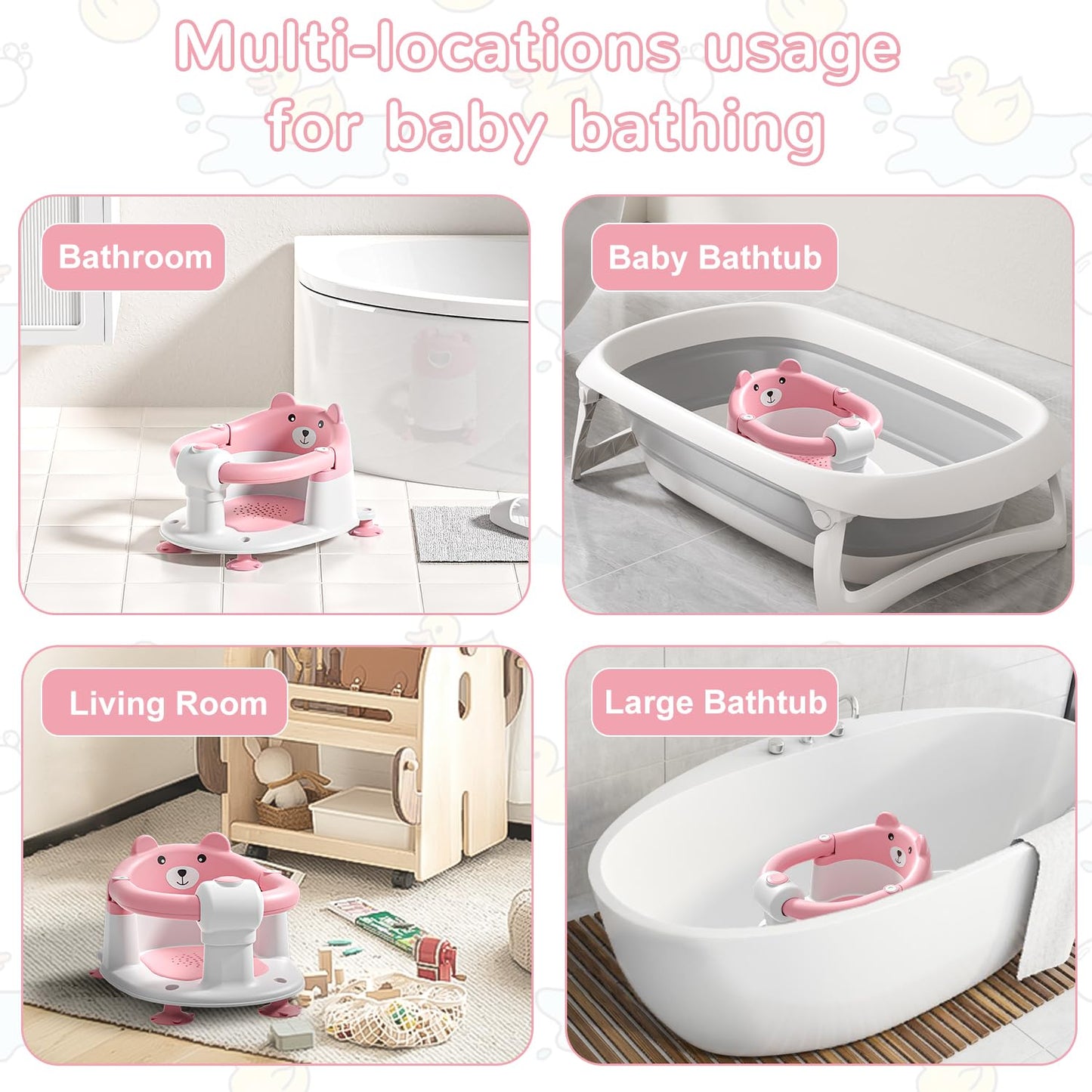 Baby Bath Seat from 6 Months, Bear Non-Slip Bath Seat Baby with 4 Suction Cups and Cushions for Toddlers and Newborns, Safe Portable Bath Chair for Shower or Bathtub, Pink
