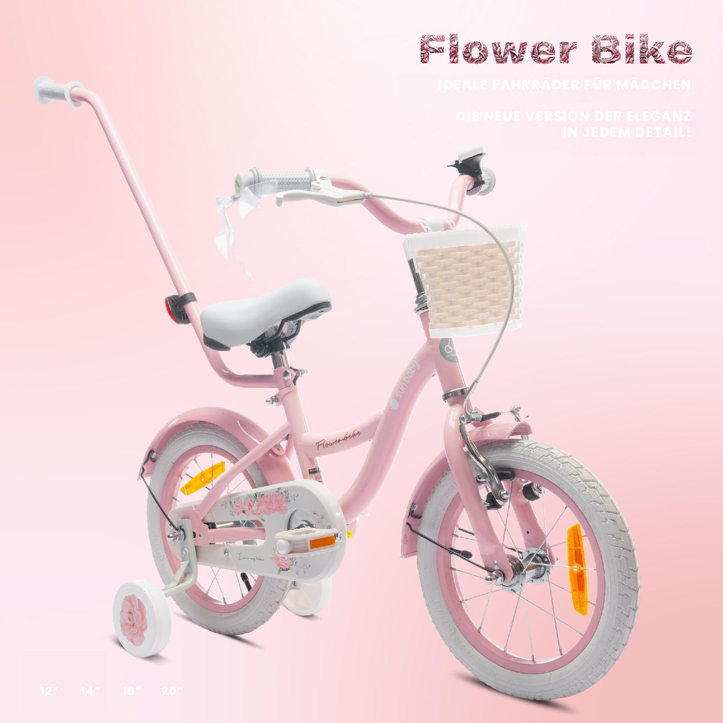 sun baby Mädchenfahrrad Flower Bike Radgröße zur Auswahl, mit Abnehmbarer Schubstange, Kinderfahrrad für Mädchen von 2 bis 6 Jahre