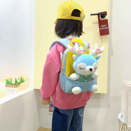 MIDSuN Small Children's Backpack, Removable Plush Doll, Nursery Backpack, Deer Nursery Backpack, Children's Bag for 2-5 Years, Nursery Boys and Girls