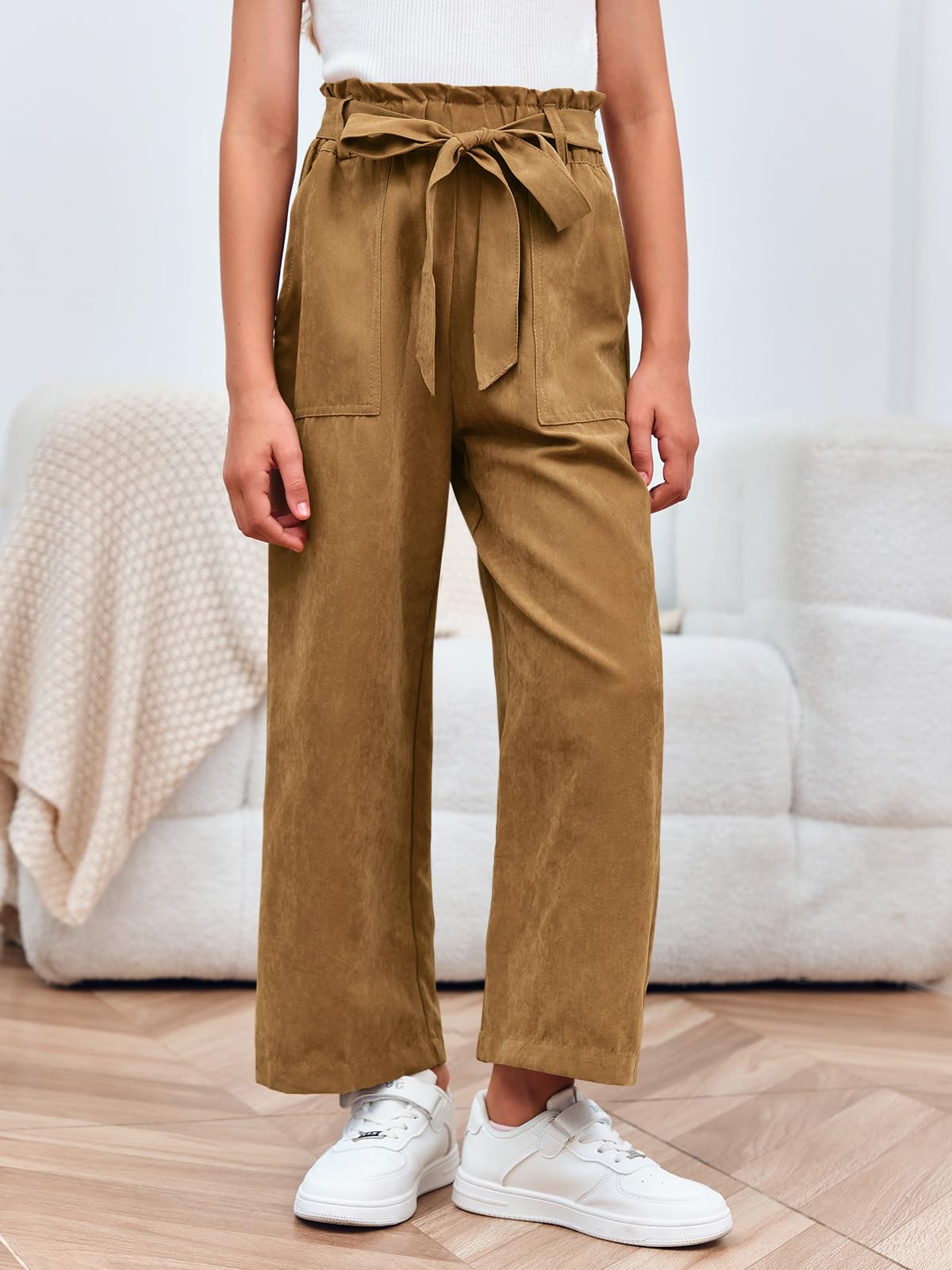 Haloumoning Mädchen Weite Hose Palazzo Hohe Taille Mode Bootcut Elastische Paperbag Freizeithose mit Gürtel