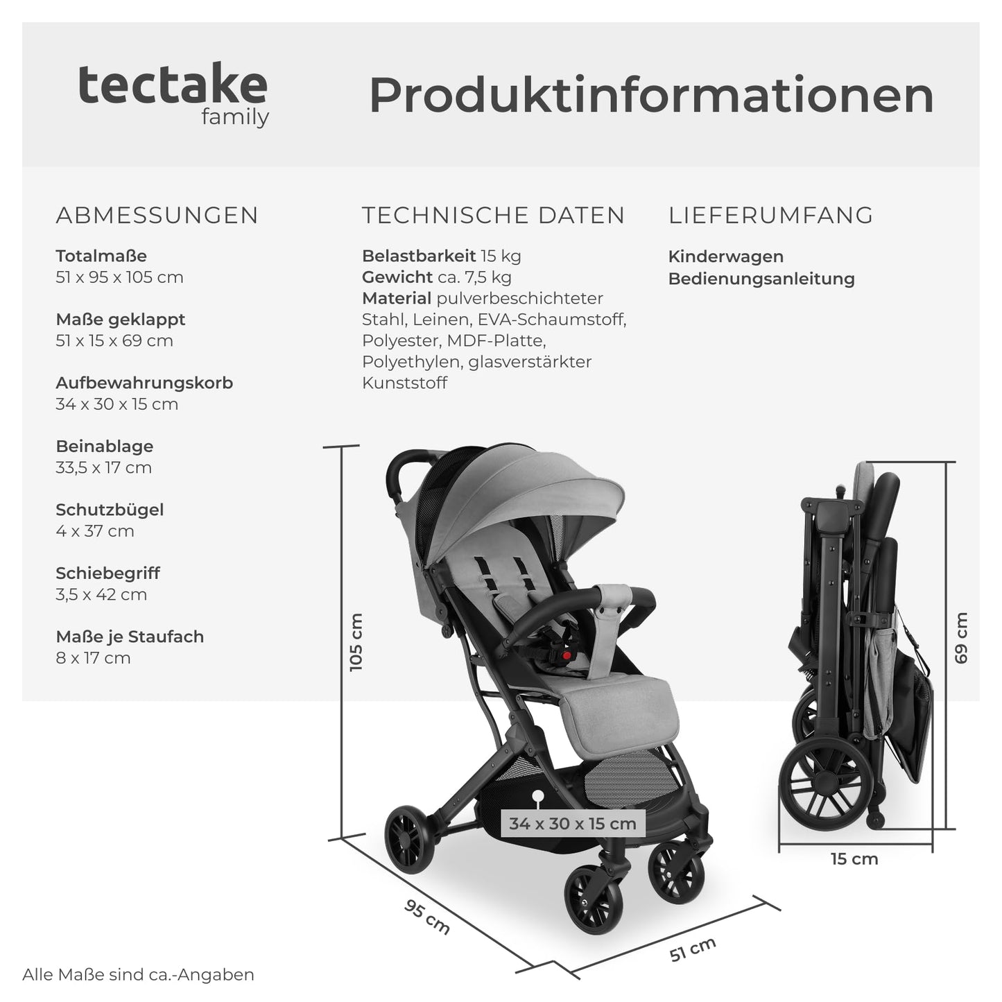 tectake® Buggy Kinderwagen von 0 bis 3 Jahre, Wagen für Baby Erstausstattung Neugeborene und Kinderbuggy, einhändig faltbarer Reisebuggy, Reisekinderwagen, Baby Wagen mit Verdeck - grau/beige - Meloni2