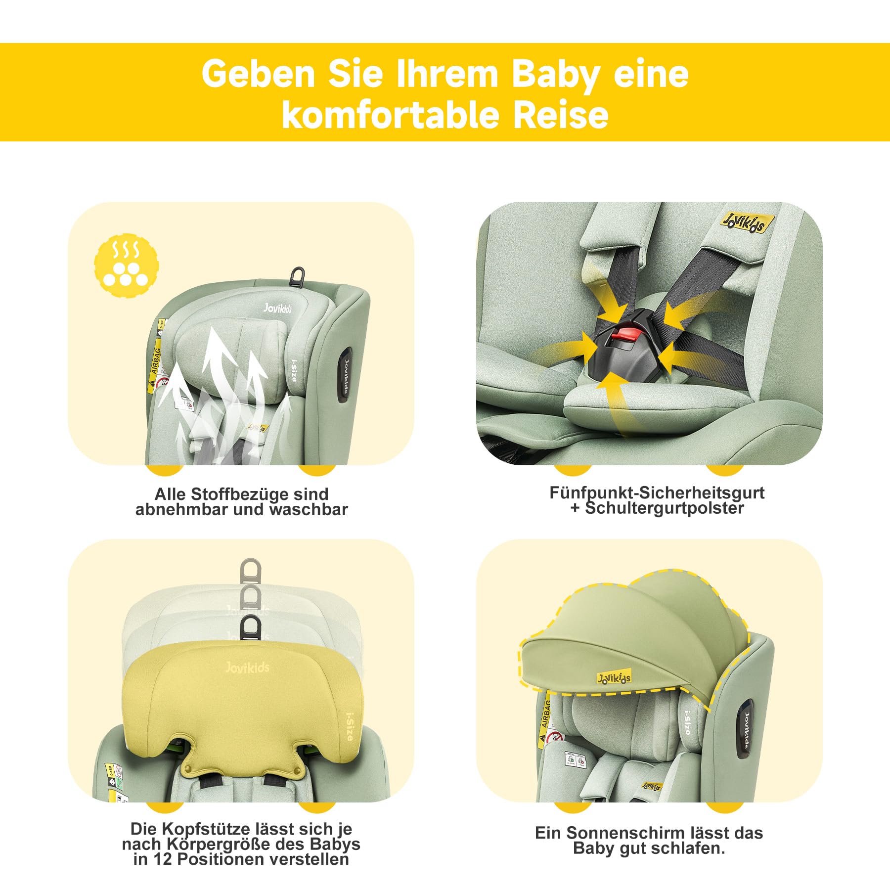 Jovikids 360° Drehbar Kindersitz mit ISOFIX, i-Size 40-150cm(ab Geburt -12 Jahre) Baby Autositz Reboarder mit Liegefunktion & Abnehmbar Vordach, ECE R129 (Rosa) - Meloni2