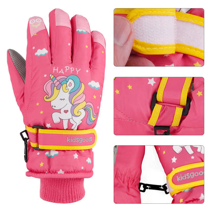 KAKU NANU Children's Winter Gloves 2-10 Years Ski Gloves Waterproof Warm Fleece Cartoon Children's Gloves Mittens with Cord Outdoor Snowboard Gloves Children Boys Girls Blue Red Pink Purple
