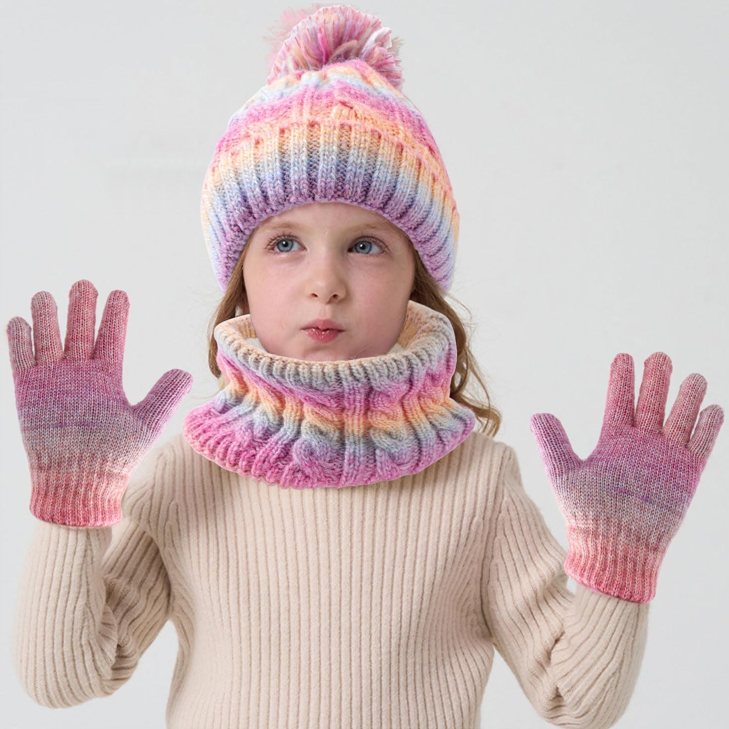 Children's Hat Scarf Gloves Set - 3-in-1 Winter Knitted Hat Scarf and Gloves Set for Children with Pom Pom Beanie, Neck Warmer & Mittens for Boys Girls Age 3-10 Years