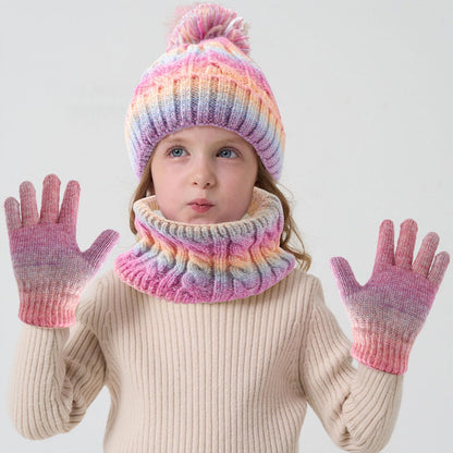 Children's Hat Scarf Gloves Set - 3-in-1 Winter Knitted Hat Scarf and Gloves Set for Children with Pom Pom Beanie, Neck Warmer & Mittens for Boys Girls Age 3-10 Years