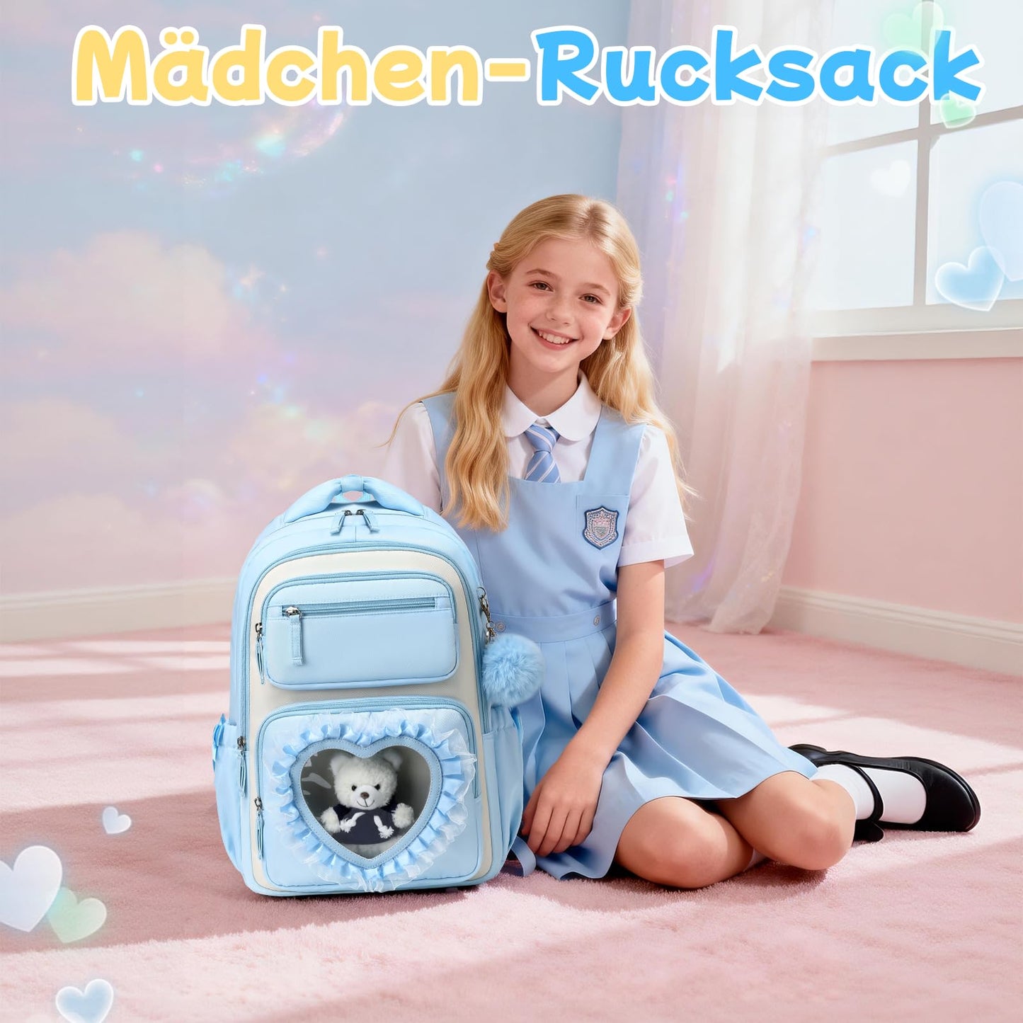 Schulrucksack Mädchen Herzdesign 22L mit Gepäckgurt für Schule | Spitze & Schleifendetails, Ergonomische 3D-Rückenpolsterung, wasserabweisendes Polyester, zahlreiche getrennte Fächer