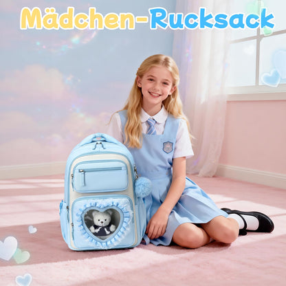 Schulrucksack Mädchen Herzdesign 22L mit Gepäckgurt für Schule | Spitze & Schleifendetails, Ergonomische 3D-Rückenpolsterung, wasserabweisendes Polyester, zahlreiche getrennte Fächer
