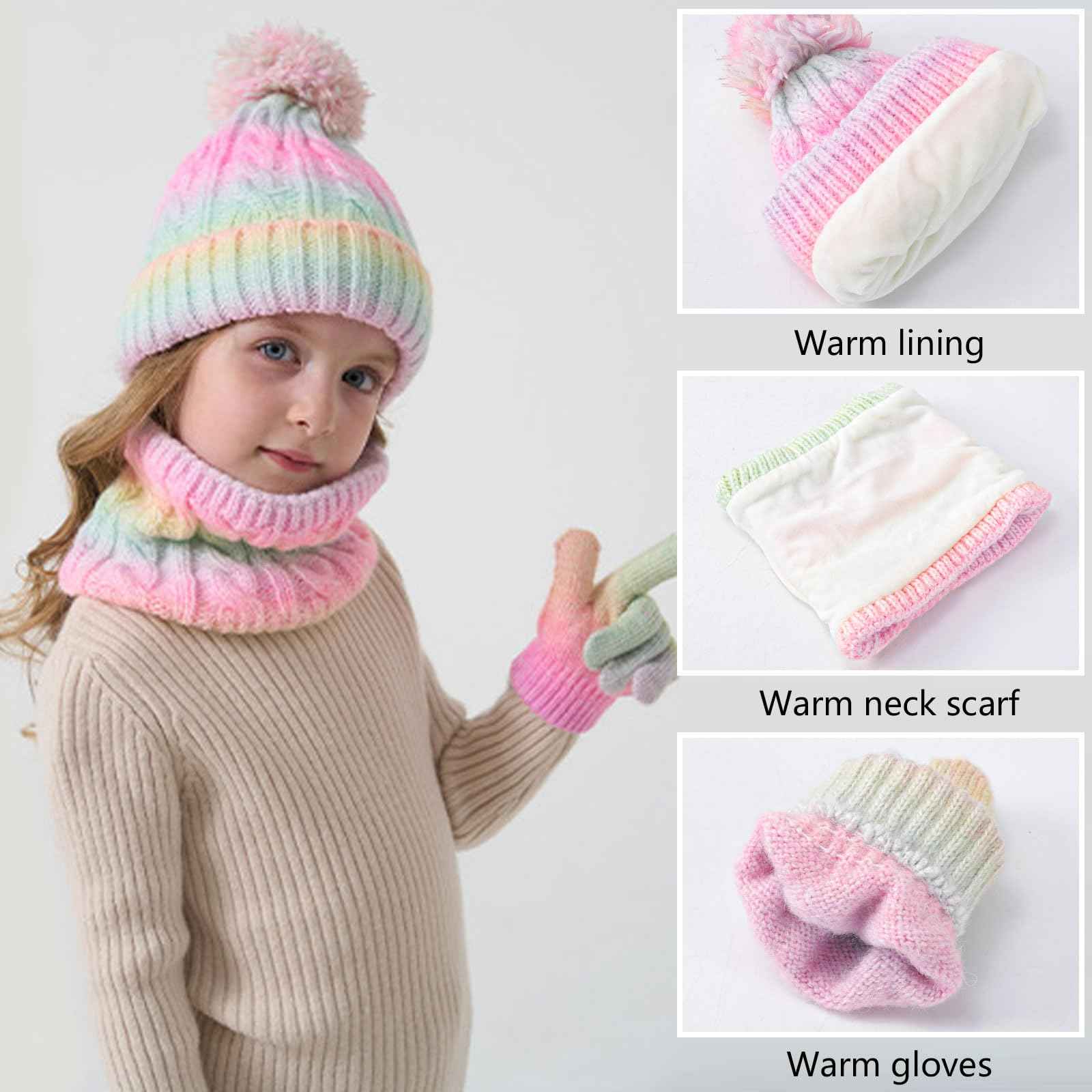 Children's Hat Scarf Gloves Set - 3-in-1 Winter Knitted Hat Scarf and Gloves Set for Children with Pom Pom Beanie, Neck Warmer & Mittens for Boys Girls Age 3-10 Years