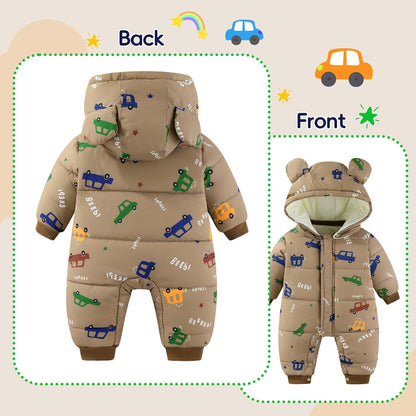 JiAmy Baby Snowsuit, Toddler Winter Romper Girls Boys Winter Jumpsuit with Hood Long Sleeve Jumpsuit Cute Prints for 3-24 Months