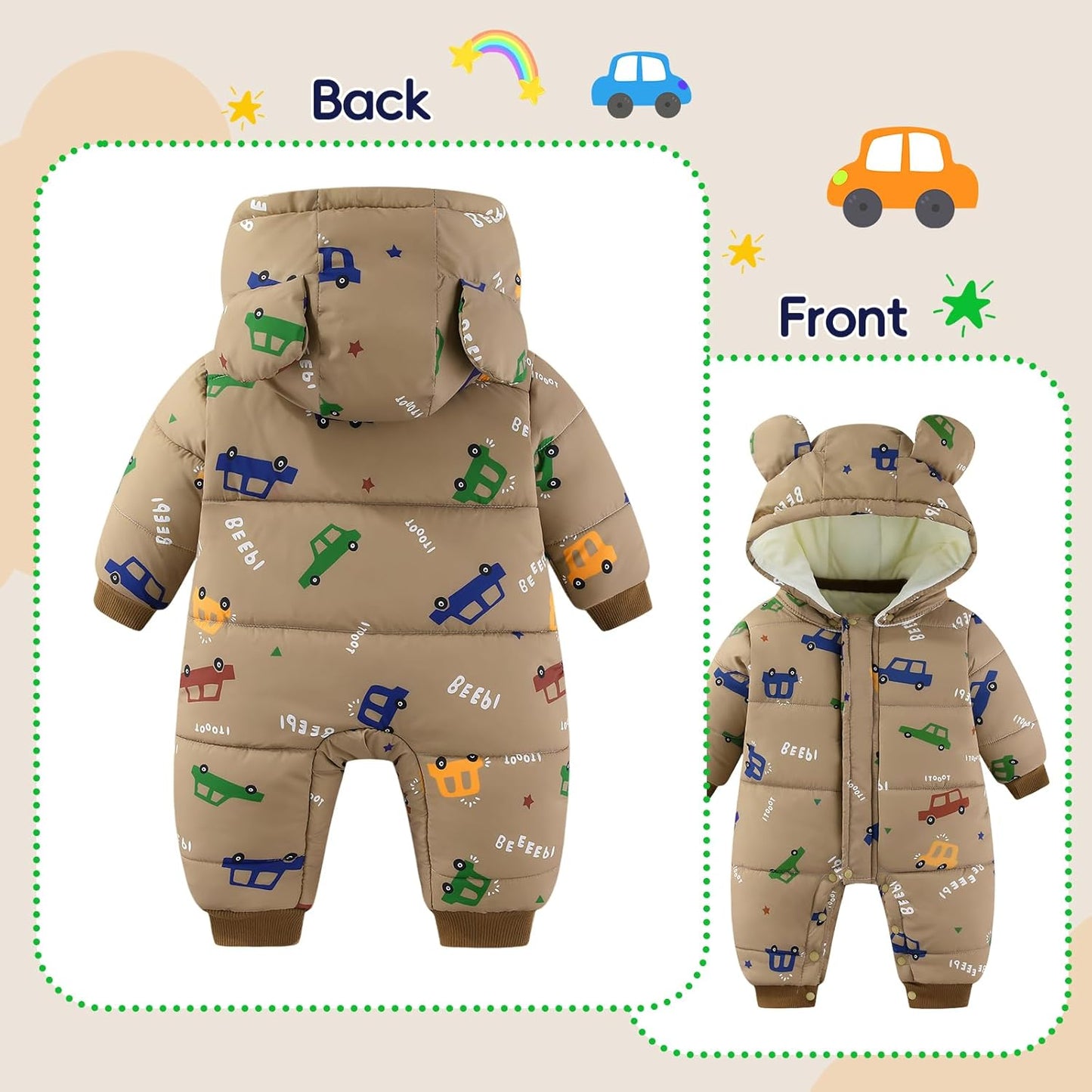 JiAmy Baby Snowsuit, Toddler Winter Romper Girls Boys Winter Jumpsuit with Hood Long Sleeve Jumpsuit Cute Prints for 3-24 Months