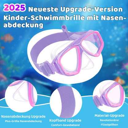 Vvinca Swimming Goggles for Kids with Nose Guard and Fabric Strap, Shatterproof, Anti-Fog and Waterproof for Children 3-14 Years
