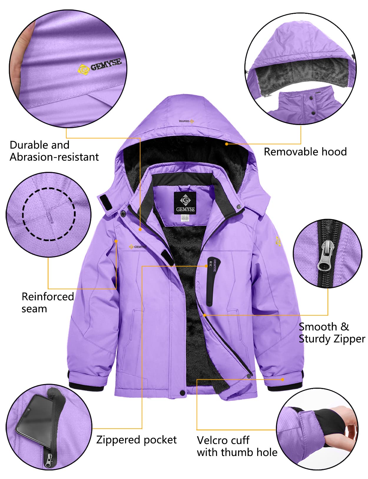 GEMYSE Girls' Waterproof Ski Jacket Windproof Fleece Outdoor Winter Jacket Rain Jacket with Hood