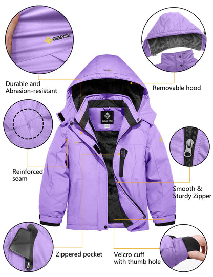 GEMYSE Girls' Waterproof Ski Jacket Windproof Fleece Outdoor Winter Jacket Rain Jacket with Hood