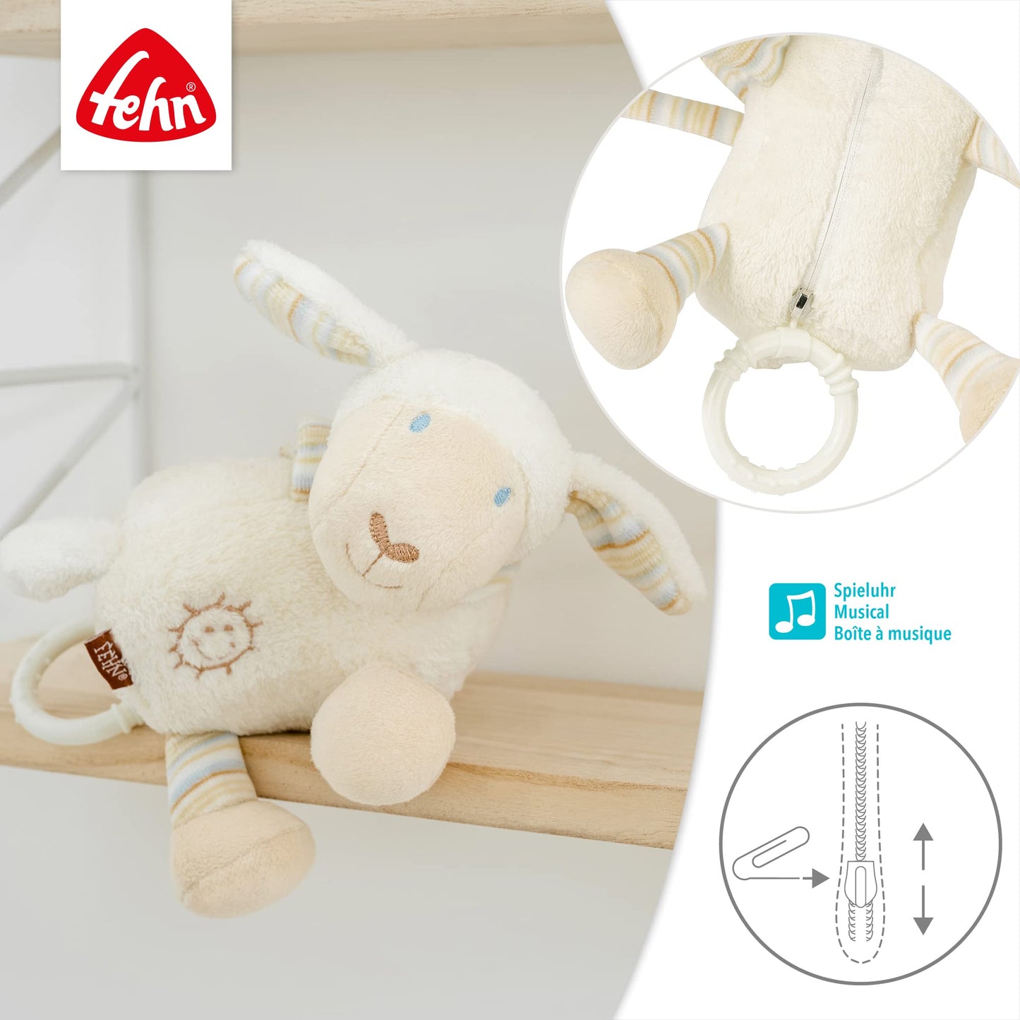 Fehn Spieluhr Baby Einschlafhilfe Schaf - Kuscheltier mit sanfter Einschlafhilfe Melodie "Guten Abend, gut´ Nacht" - Babyspielzeug für Unterwegs und Zuhause - Musikspielzeug für Babys und Kleinkinder