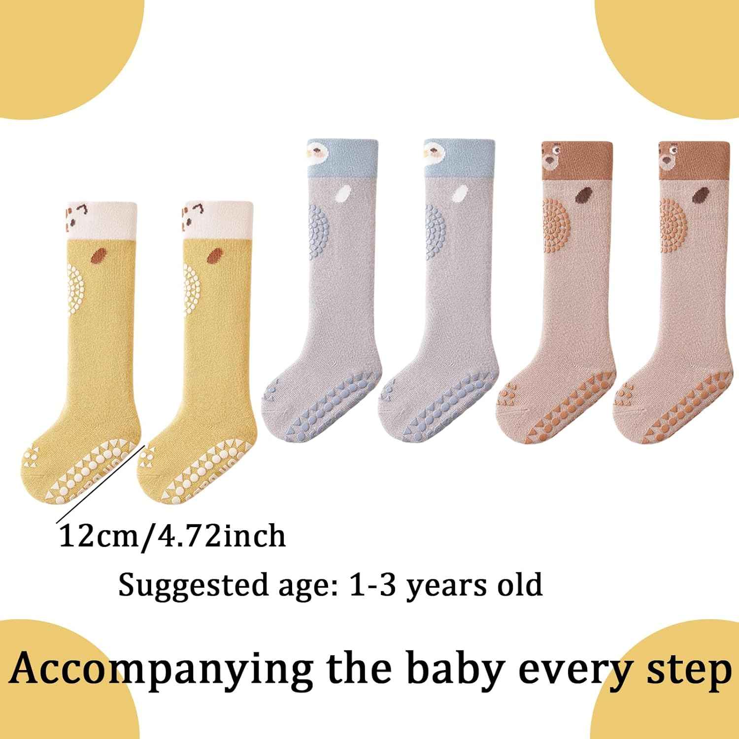 Non-Slip Socks for Children, Pack of 3 Baby Knee Socks, Children's Socks Made of Cotton, Girls, Knee-Length Crawling Socks, Animal Themed Non-Slip Sports Socks for Boys and Girls, 1-3 Years