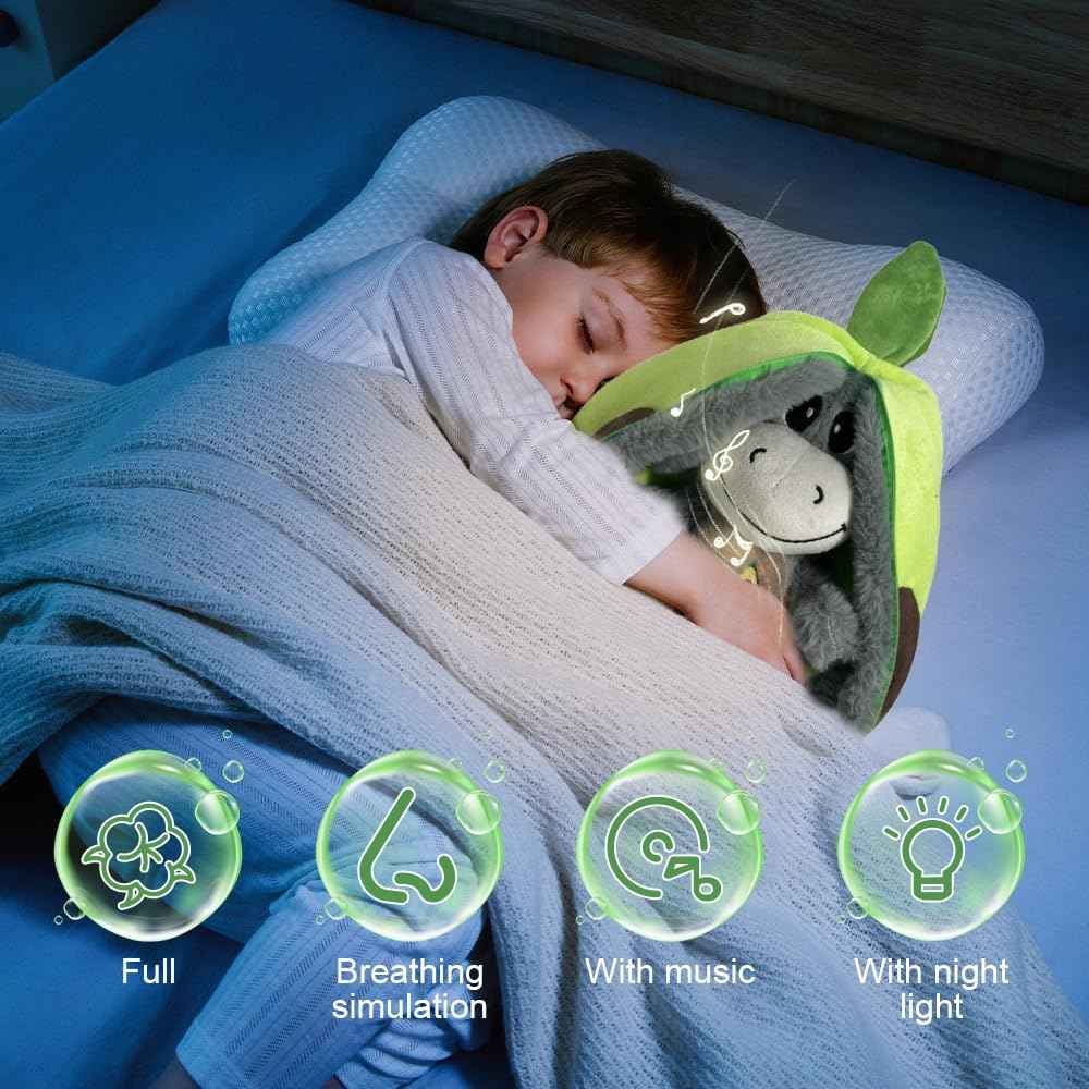 Atmendes Kuscheltier Esel, 32cm Herzschlag Plüsch Esel mit Atmung, Musik und Lichtern, Weiches Erdbeer Avocado Plüschtier Puppe, Kuscheltier Atmet Esels zum Linderung Angstzuständen (Rosa)