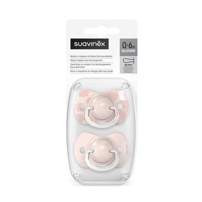 Suavinex, Set mit 2 Schnullern für Babys 0-6 Monate, Symmetrisch, Super weich und flexibel, Dreams Pink, 2er-Pack