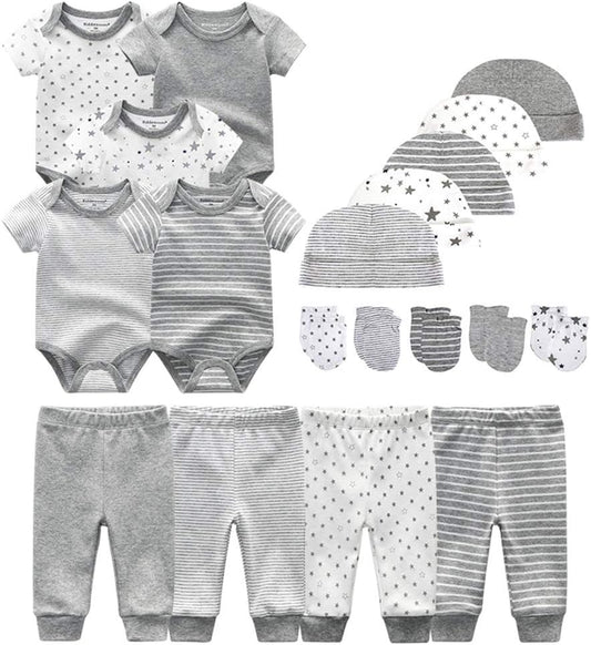 Kiddiezoom Baby-Body, Hose, Kleinkinder-Einteiler, Bekleidungs-Sets für Jungen und Mädchen aus Baumwolle, Mützen, Kratzfäustlinge