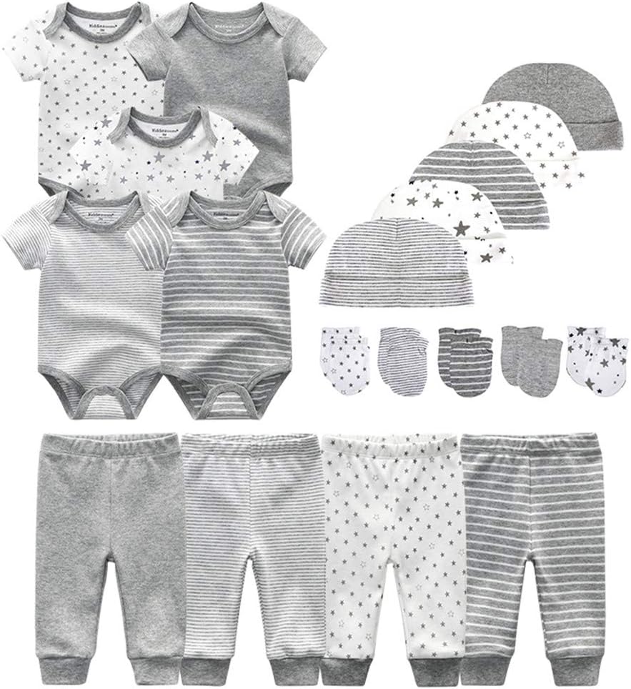 Kiddiezoom Baby-Body, Hose, Kleinkinder-Einteiler, Bekleidungs-Sets für Jungen und Mädchen aus Baumwolle, Mützen, Kratzfäustlinge