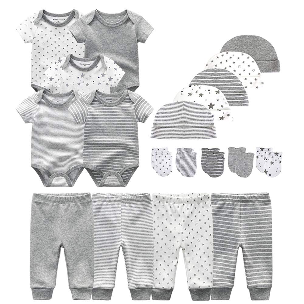 Kiddiezoom Baby-Body, Hose, Kleinkinder, Einteiler, Kleidung, Set, Outfits, für Jungen und Mädchen, Baumwollkappen, Kratzfäustlinge