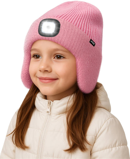 ATNKE Kinder LED Beleuchtete Ohrenklappen Mütze mit Licht,USB Wiederaufladbare 4 LED Laufmütze Stirnlampe Winter Warm Fleece Gefüttert Strick Mütze Geschenke für Jungen und Mädchen
