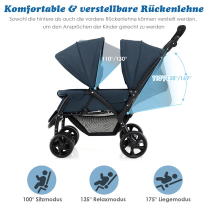 COSTWAY Folding Double Pushchair, Twin Pushchair with Adjustable Backrest and Hood, Travel Buggy with Reclining Function, Twin Buggy Pushchair for Baby from 6 Months, 30 kg Load Capacity (Grey)