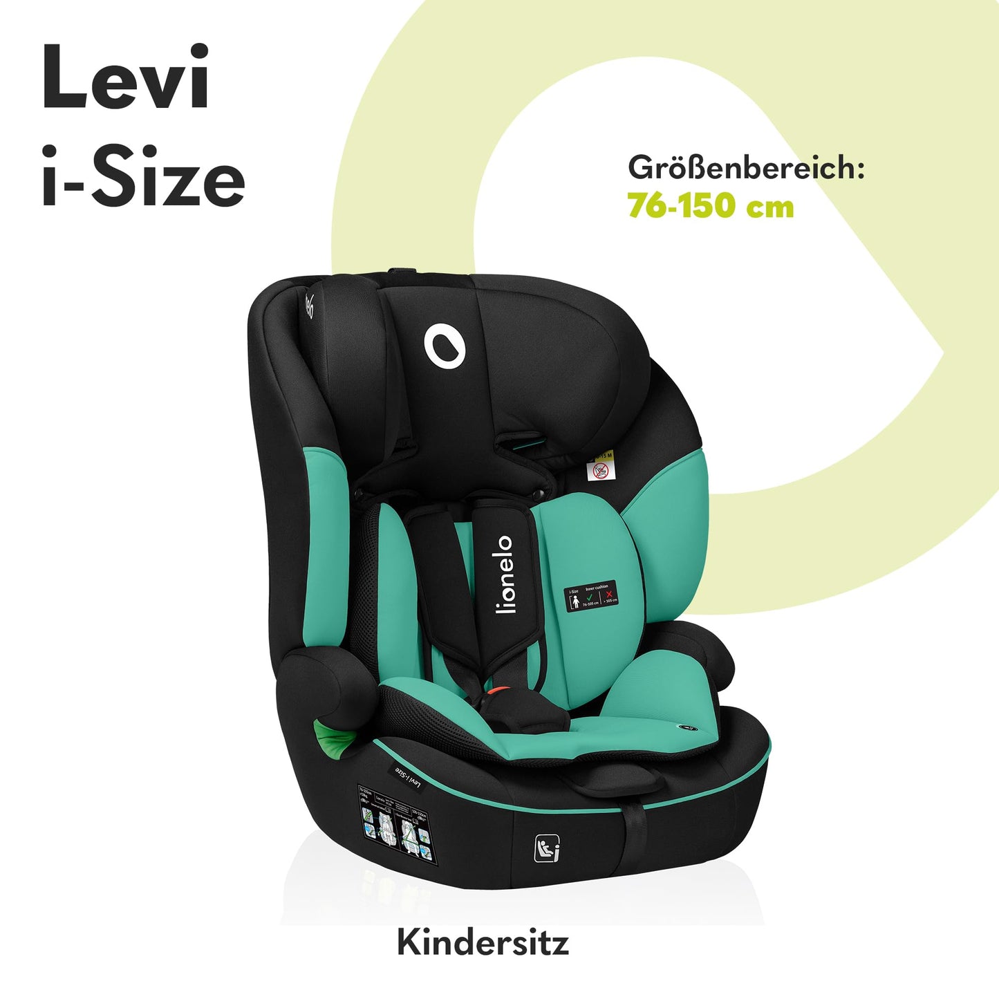 LIONELO LEVI I-SIZE 76-150 cm Kinderautositz, Gruppe 1 2 3, Seitenschutz, 10 Grad Kopfstützenverstellung Bequeme Armlehnen Verstellbare Rückenlehne, R129 i-Size