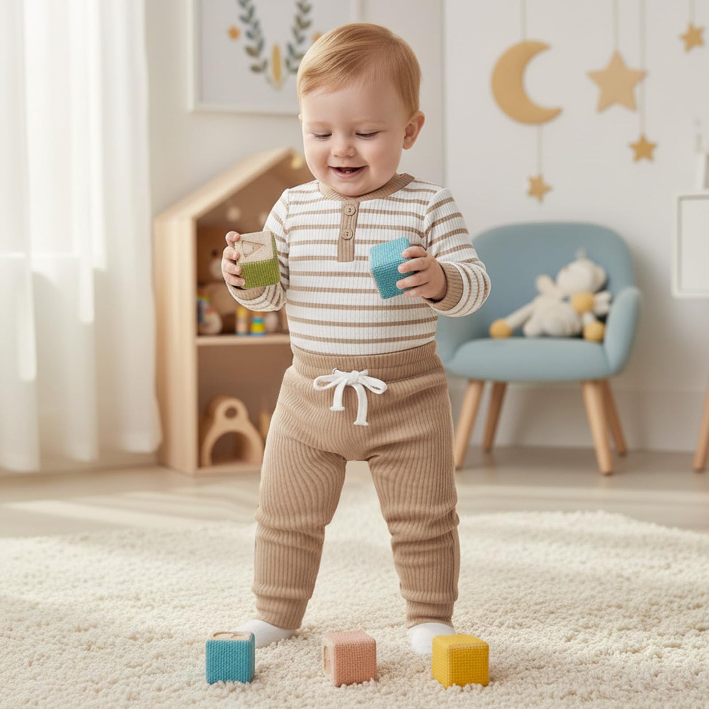 JiAmy Baby Boys' Clothing Long Sleeve Striped Bodysuit Romper + Trousers Outfit Set Newborn Soft Cotton Baby Clothing 0-24 Months