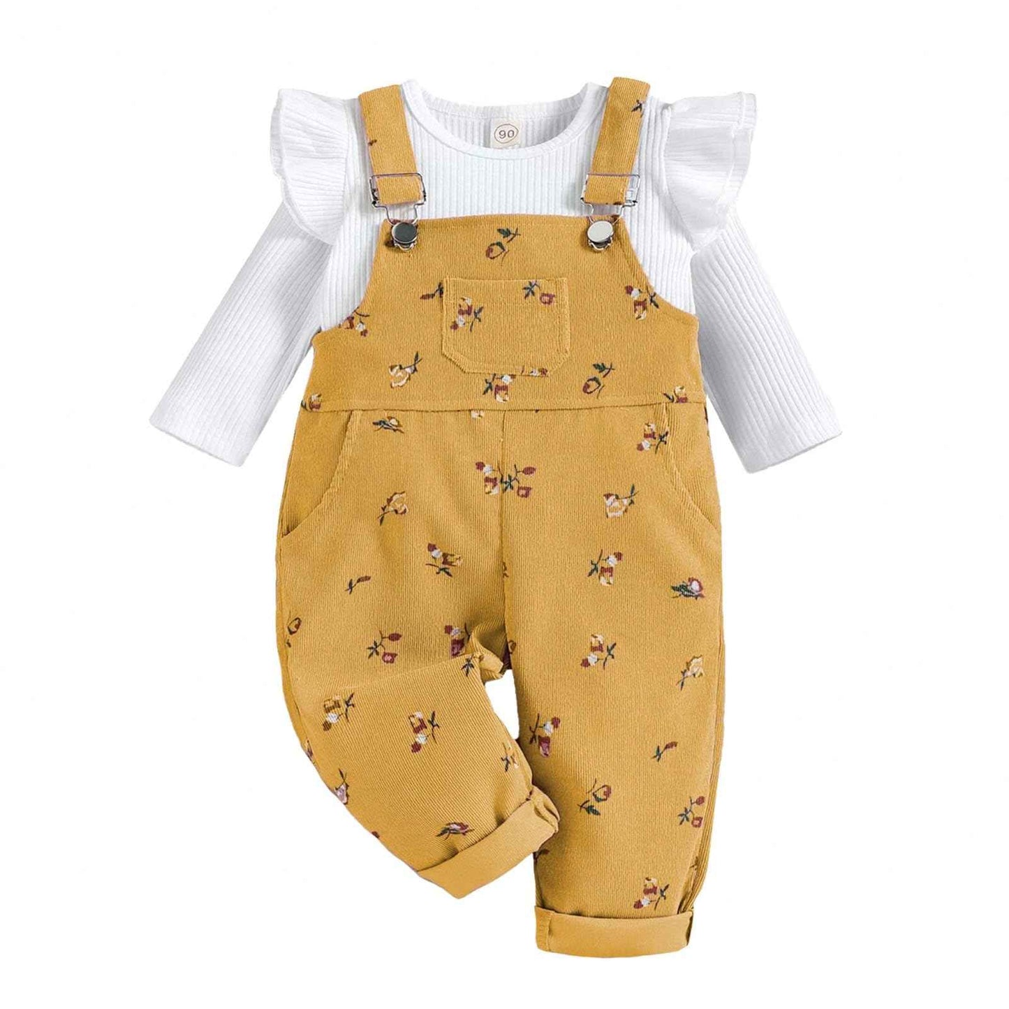 Baby Girls' Clothing Ribbed Knit Long Sleeve Tops Floral Pattern Braces Trousers with Pocket Outfits Sets