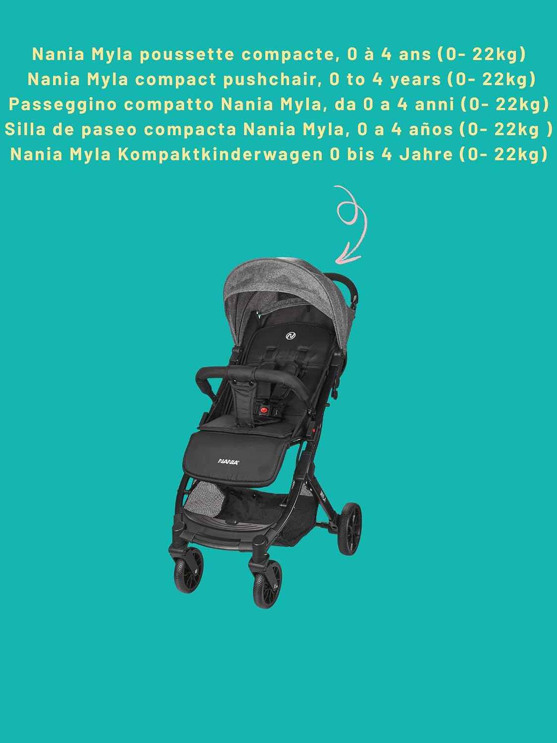Nania Myla, kompakter Buggy, Kinderwagen 0 bis 4 Jahre (22 kg max), leicht (7,5 kg), Stadtwagen, mit einer Hand in Liegeposition neigbar, großer Aufbewahrungskorb, mit Transporttrolley