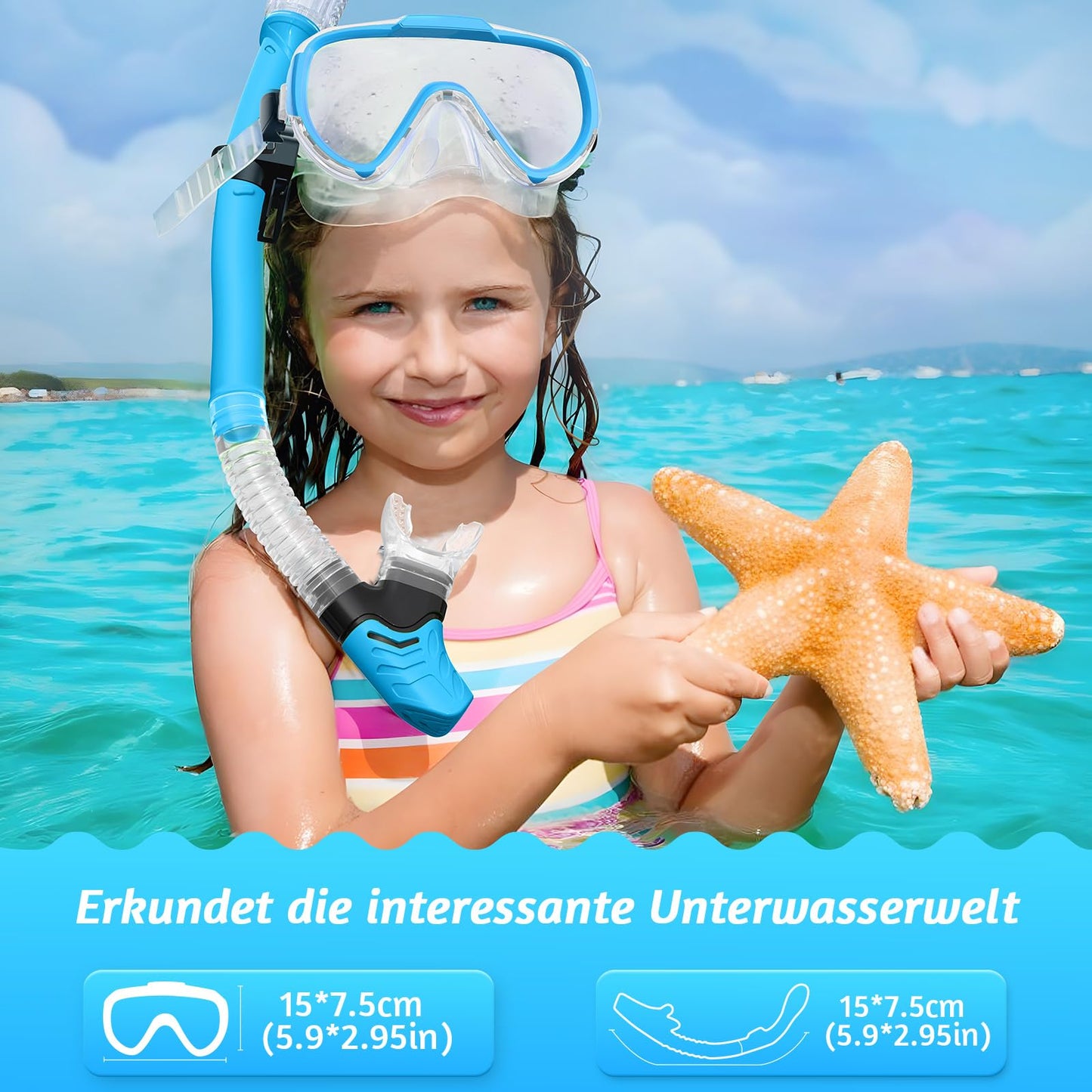 Lealinga Children's Snorkel Set with 180° Anti-Fog Panoramic Wide View Diving Mask and Dry Snorkel Snorkelling Set, Anti-Leak Snorkel Mask with Nose Protection for Boys and Girls