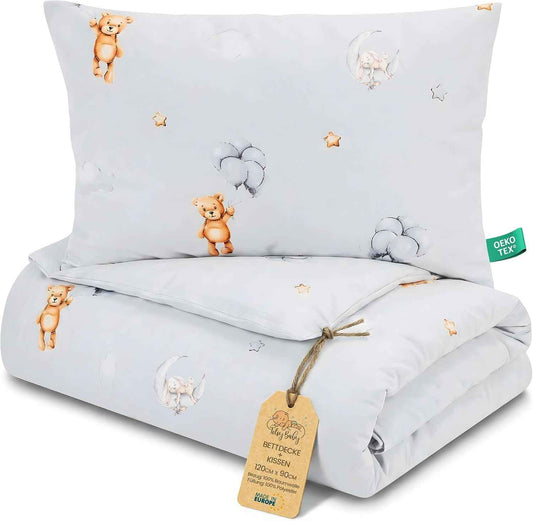 Kinder Bettdecke ohne Bezug 90x120 cm - Baumwolle Baby Decke und Kissen Set Kinderdecke 90 x 120 und Kopfkissen 60 x 40 - Bettdecken Kinderbettdecke Oeko-Tex Teddybären