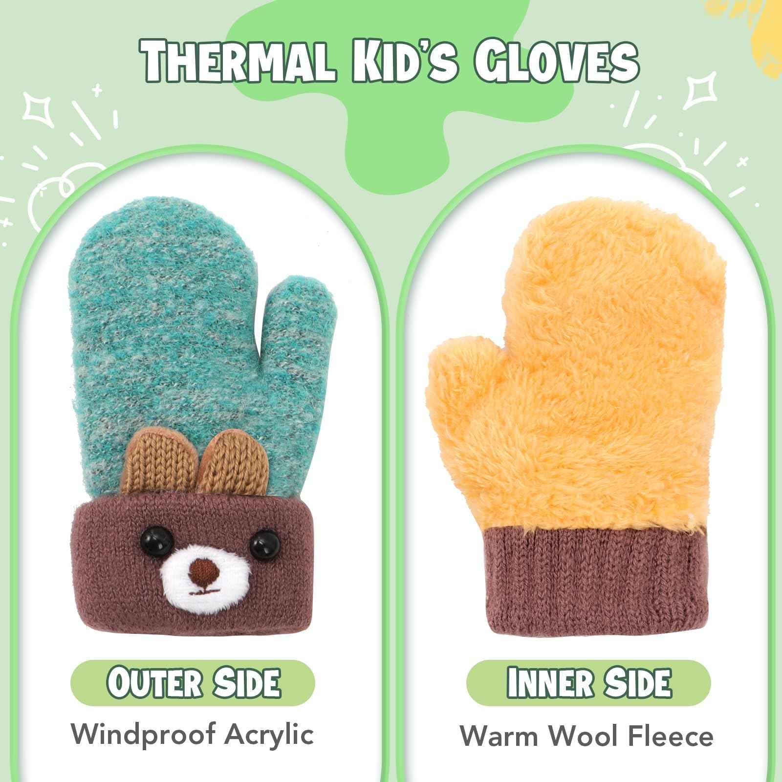 Becellen Fäustlinge Baby, Warme Weiche Kleinkind Strickhandschuhe mit Schlüsselband Niedliche Cartoon-Musterdesign Fäustlinge Baby Doppelt Winter Handschuhe für 0-3 Jahre Jungen Mädchen