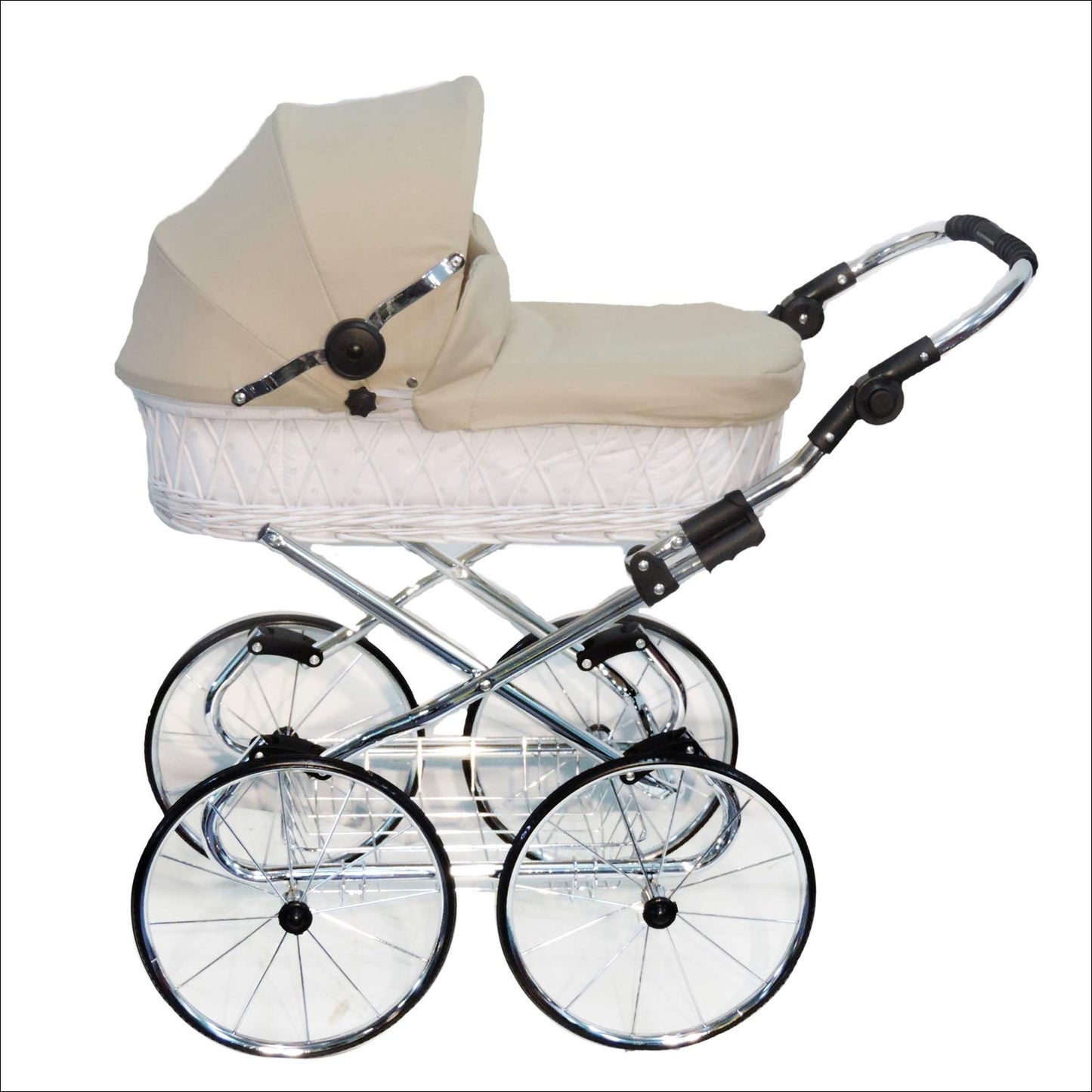 EICHHORN Kinderwagen Wicker Basket Doll's Pram Retro Toy Classic (Basket Natural, Fabric Navy Blue)