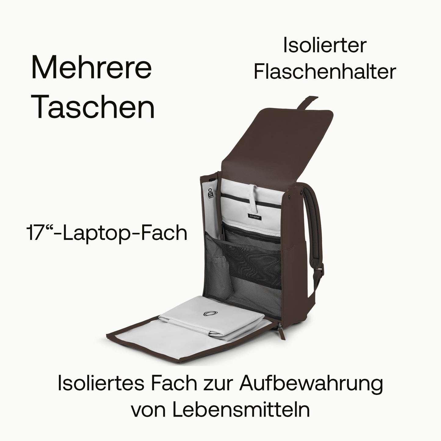 Bugaboo Wickelrucksack, Wasserabweisende Tasche aus nachhaltigem Material, Einfach zu reinigen, mit Wickelunterlage und isolierter Halterung für Flaschen, Midnight Black