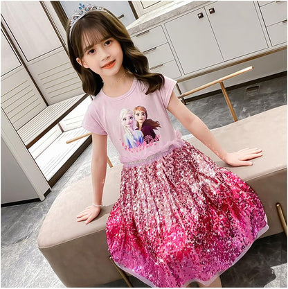 Renholin ELSA Kleider Shine Sommer Kleid Kurzarm Gefrorene Eiskönigin Prinzessin EIS Prinzessin Kostüm Mädchen Kinder Party Rock