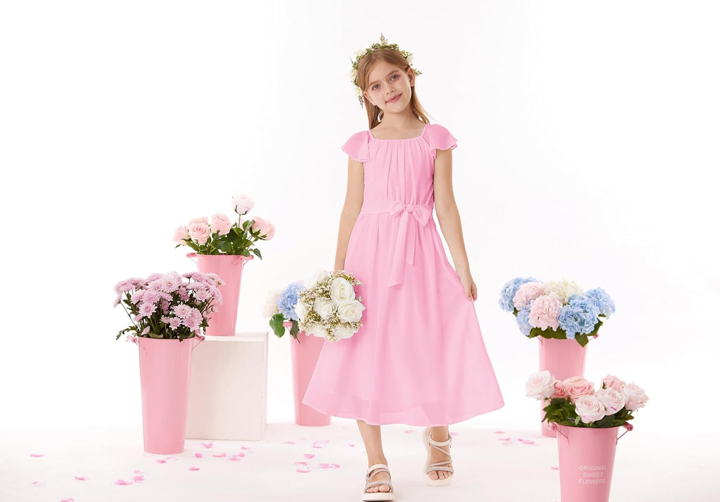 GRACE KARIN Girls Summer Dress Elegant Chiffon Princess Long Dress Wedding Guest Evening Dress for Teenage Girls 5-14 Years 