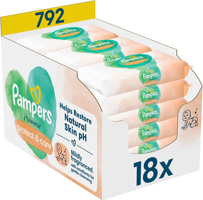 Pampers Harmonie Protect & Care Feuchttücher 18 Packungen mit jeweils 44 Feuchttüchern = 792 Feuchttücher, die helfen, den natürlichen pH-Wert der Haut wiederherzustellen