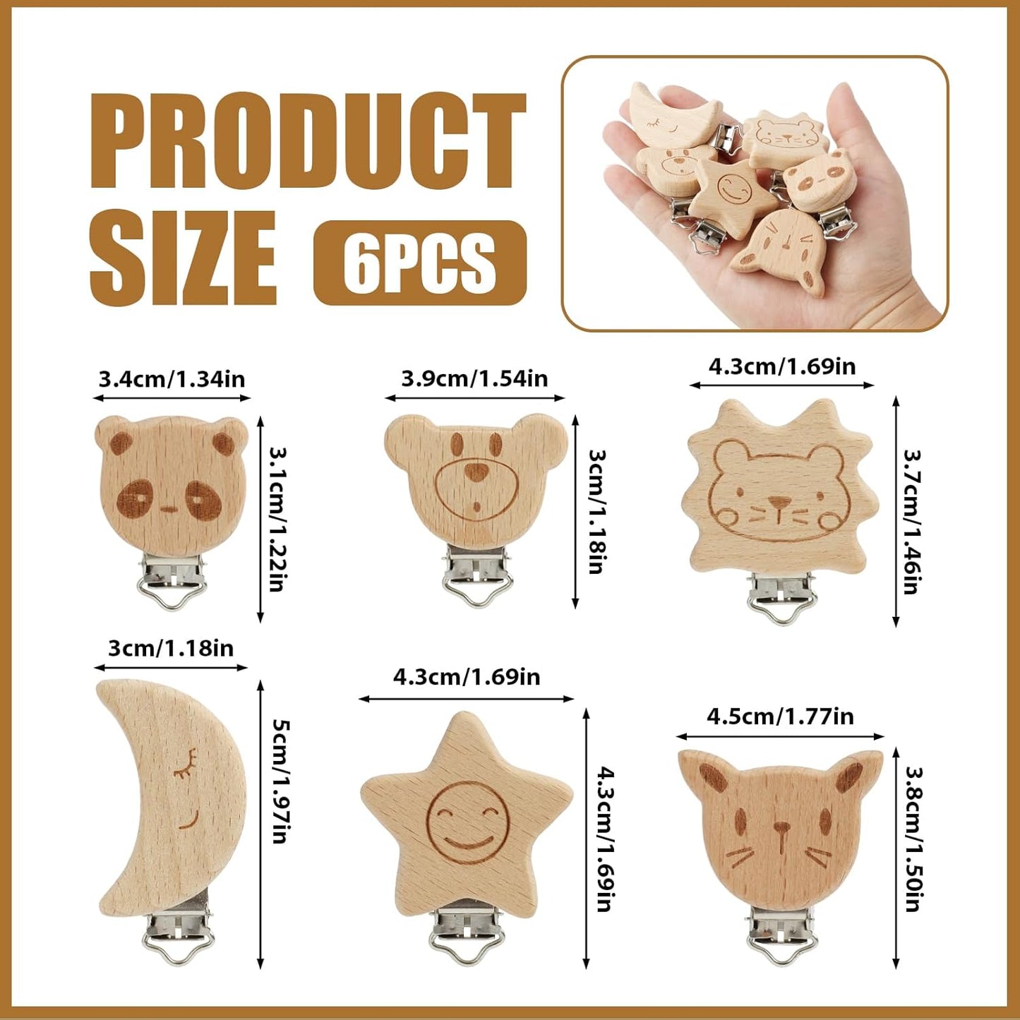 LEIBOCHAO 6 Stück Schnullerkette Holz Tierdesign mit Naturholz & Metall, Schnullerclip Holz für Schnullerkette, Babywagen, Kleidung – DIY Bastelset, Umweltfreundliches Babygeschenk (3-5 cm)