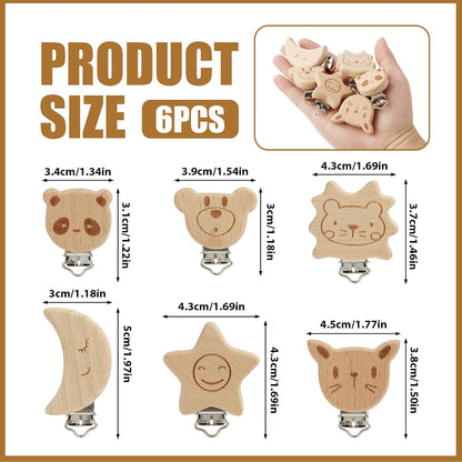 LEIBOCHAO 6 Stück Schnullerkette Holz Tierdesign mit Naturholz & Metall, Schnullerclip Holz für Schnullerkette, Babywagen, Kleidung – DIY Bastelset, Umweltfreundliches Babygeschenk (3-5 cm)
